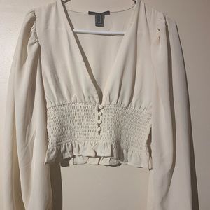 Cropped Long Sleeve V Neck Blouse